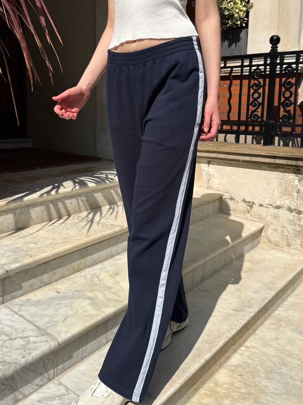 Brandy Melville Navy blue with White Stripe Anastasia Wide Leg Sweat Pants